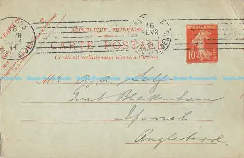 R173793 Republique Francaise. 1911. Postkarte