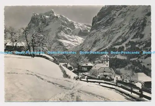 C011423 Grindelwald. Kirche mit Wetterhorn. Ernst Schudel. Foto Haus. 1959