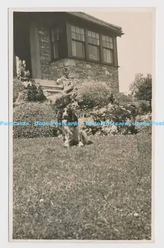 C013204 Der Hund sitzt im Garten in der Nähe des Hauses. Postkarte