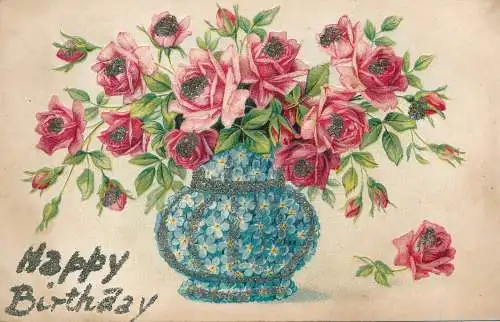 PC59937 Grußpostkarte. Happy Birthday. Rosen in Vase. E.S. London. Nr 104