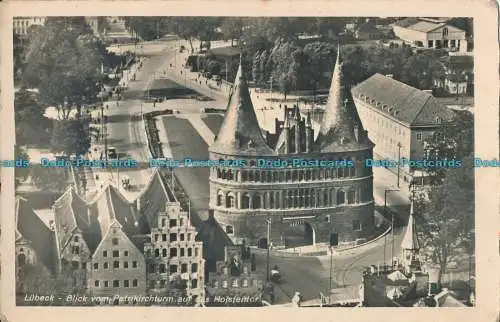 R011890 Lübeck. Blick vom Petrikirchturm auf des Holstentor. Schoning. RP