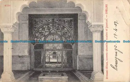 R099563 Diwani Khas. Bildschirm mit Skalen der Gerechtigkeit. Delhi. 1907