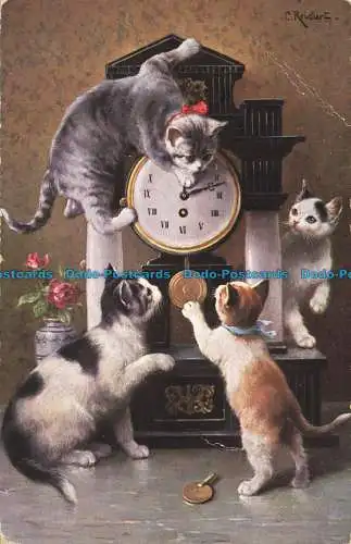 R637025 Vier Katzen auf der Uhr. Solomon Brothers. Serie 1339