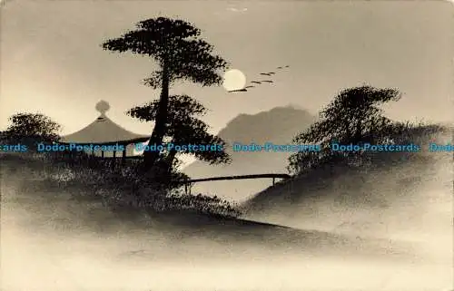 R638151 Japan. Blick auf die Terrasse und die Berge. Der Mond