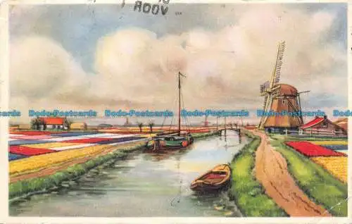 R157313 Alte Postkarte. Blumenfelder See und Windmühle