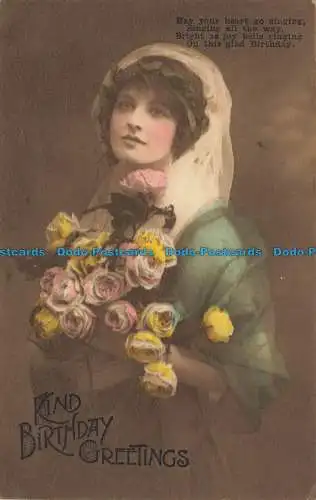R663334 Freundliche Geburtstagsgrüße. Frau mit Blumen. 1919