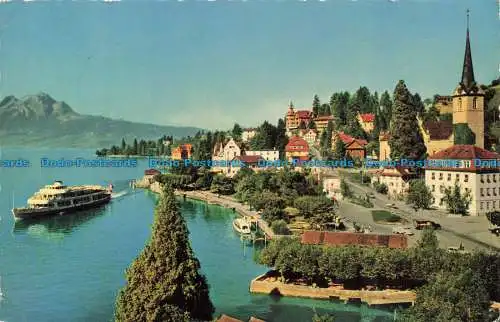 R664374 Kurort Weggis. Promenade Mit Pilatus. Kurt Basan. Engadin Presse