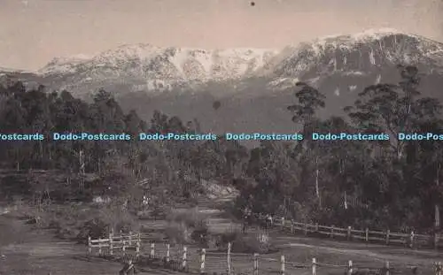 R702852 Hobart. Blick auf das Feld. Berge. Zaun