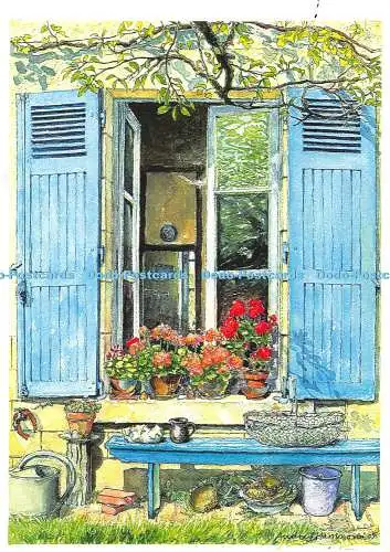D024895 blaue Fensterläden. Tusche und Aquarell. Audrey V. R. Hammond