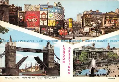 D032834 London Greetings. Tower Bridge und Trafalgar Square. Piccadilly Circus.