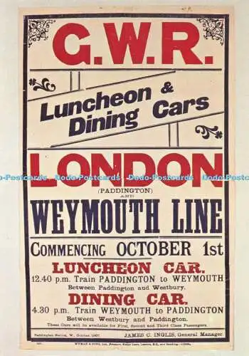 D058745 Weymouth Line Poster. C. W. R. Mittags- und Speisewagen. Weymouth Line.
