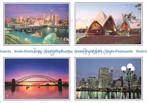 D115148 Dämmerung über Sydney. Die Hafenbrücke. Sydney Tower und City. Suzie B