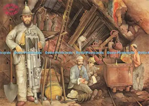 D160653 Ein kornischer Bergmann aus den 1880er Jahren steht umgeben von einer Schaufel. Bohrer. A