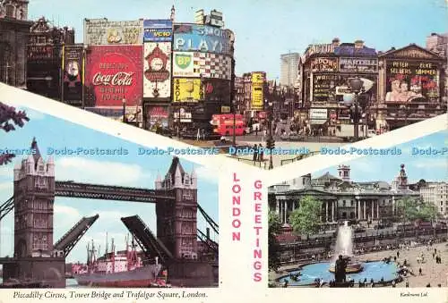 D160932 London Greetings. Piccadilly Circus. Tower Bridge und Trafalgar Square.