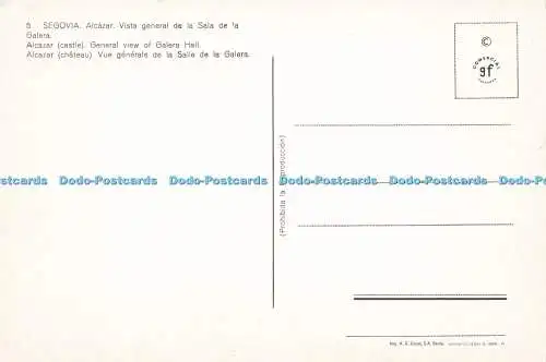 D164590 Segovia. Alcazar. Schloss. Gesamtansicht der Galera-Halle. A. G. Cobas. Kommen Sie