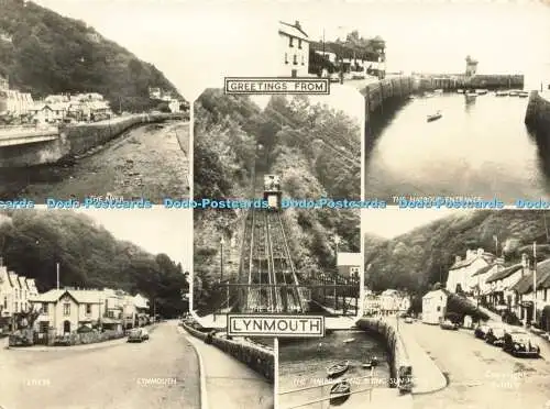 D183732 Grüße aus Lynmouth. Der Fluss. Der Cliff Lift. Die Hafeneinfahrt