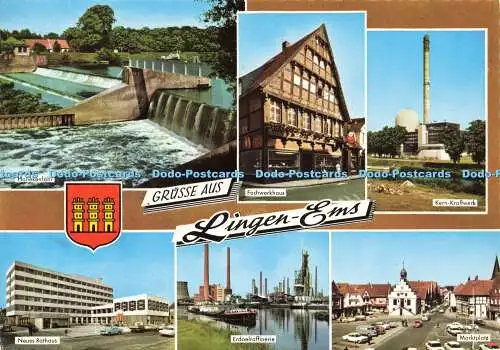 D191026 Lingen Ems. Neues Rathaus. Marktplatz. Erdoelraffinerie. Kern Kraftwerk.
