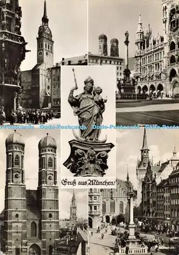 D174614 Gruss aus München. Marienplatz. Frauenkirche. Peterskirche. A. Lengauer.