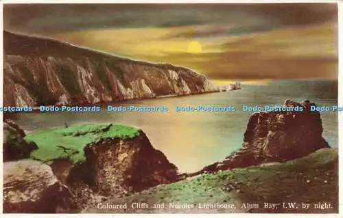 R194779 Coloured Cliffs and Needles Lighthouse Alum Bay I W by night RP Nigh