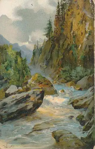 PC60308 Alte Postkarte. Fluss zwischen den Bergen. 1905