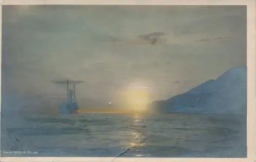 PC53888 Alte Postkarte. Ein Schiff bei Sonnenuntergang. Eneret Mittet