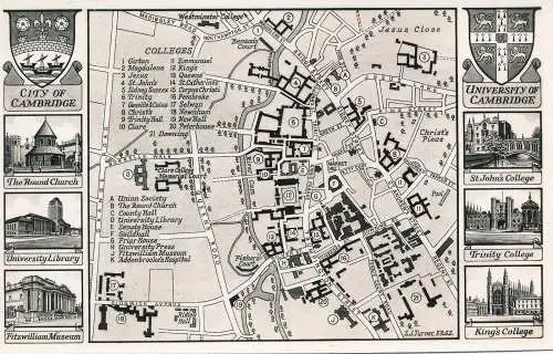 PC54929 Stadt und Universität Cambridge. Multiansicht und die Karte. RP