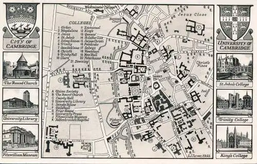 PC54925 Stadt und Universität Cambridge. Multiansicht und die Karte. RP