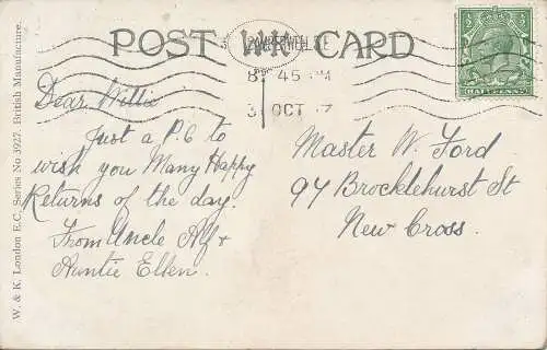 PC60420 mit Geburtstagsgrüßen an meinen Neffen. W. und K. London. Nr 3927. 1917