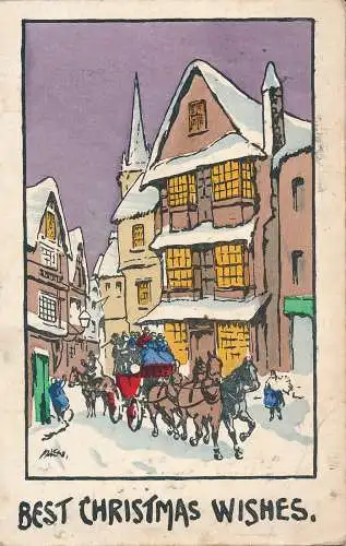 PC63202 Grußpostkarte. Die besten Weihnachtswünsche. Häuser im Winter. Pferde und C