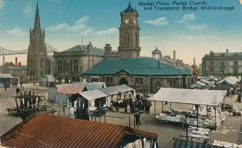 PC77365 Marktplatz. Pfarrkirche und Transporterbrücke. Middlesbrough. Valen
