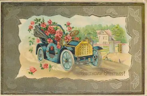 PC76914 Geburtstagsgrüße. Auto voller Blumen
