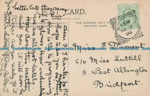 R021744 Alte Postkarte. Frau sitzend. Pferd und Häuser. Davidson Bros. 1906