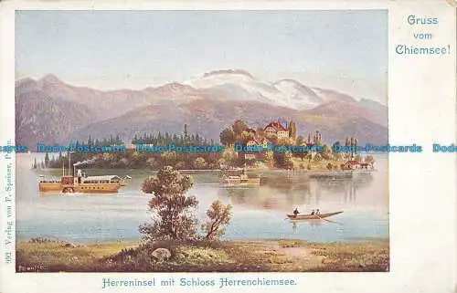 R023167 Gruss vom Chiemsee. Herreninsel mit Schloss Herrenchiemsee. F. Speiser