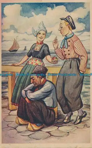 R023807 Alte Postkarte. Frau und Männer in der Nähe des Meeres. Vens