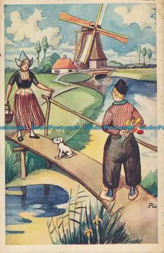 R023809 Alte Postkarte. Frau und Mann auf der Brücke in der Nähe der Windmühlen. Vens
