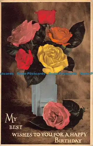 R041954 Grüße. Alles Gute zum Geburtstag. Rosen in Vasen. P
