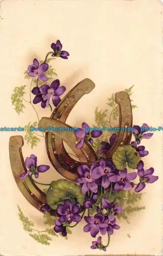 R057023 Alte Postkarte. Hufeisen und Blumen