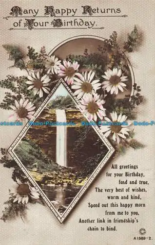 R057521 Grußpostkarte. Viele alles Gute zum Geburtstag. Wasserfall. Flowe