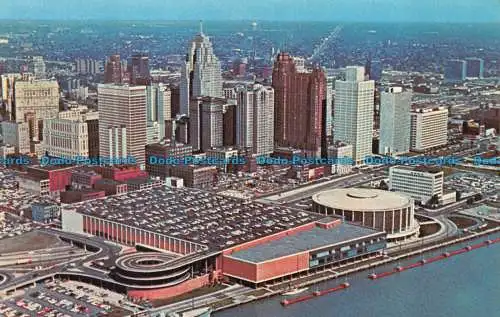 R081514 Luftaufnahme von Detroits Civic Center und Skyline. Detroit. Michigan. Dex