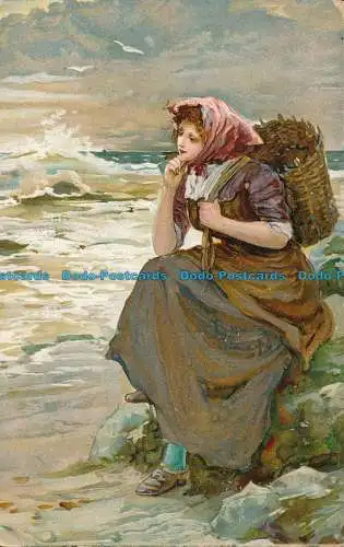 R104578 Alte Postkarte. Frau in der Nähe des Meeres. 1907