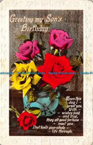 R122159 Gruß zum Geburtstag meines Sohnes. Rosen in Vasen. RP
