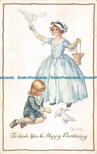 R123738 Grüße. Um Ihnen alles Gute zum Geburtstag zu wünschen. Mädchen und Vögel. Henry Frowde a