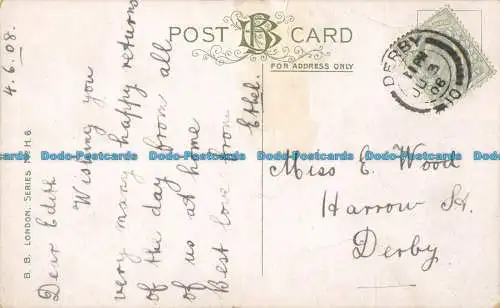 R163747 Alte Postkarte. Frau im roten Kleid. B. B. London. 1908