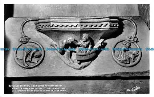 R165022 Beverley Minster Misericords. Geschichte von Spitzmaus oder Schimpfe. Sie ist auf Rädern in