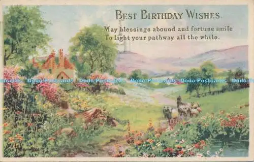 R186926 Gruß-Postkarte. Die besten Geburtstagswünsche. Haus und Landschaft. Pastell.