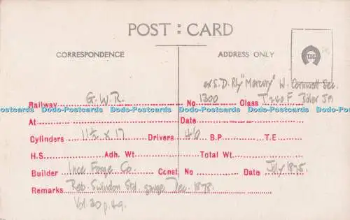 R694258 G.W.R.Nr. 1300. ex. S.D. Rly Mercury. Ince Forge Co. T.I. C. 1875