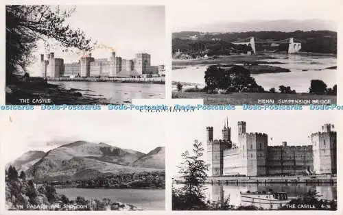 R700803 Caernarvon. Das Schloss. Menai Hängebrücke. Llyn Padarn und Snowdon