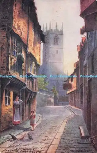 R712967 Shrewsbury. Fisch St. Frühmorgens. stecken. Oilette. Malerisches Shropshir