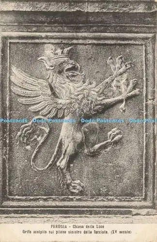 R211917 Perugia Chiesa della Luce Grifo scolpito sul pilone sinistro della facci