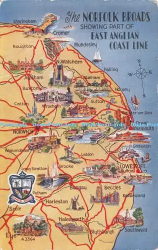 R226654 Die Norfolk Broads zeigen einen Teil der East Anglian Coast Line Karte Art Colou